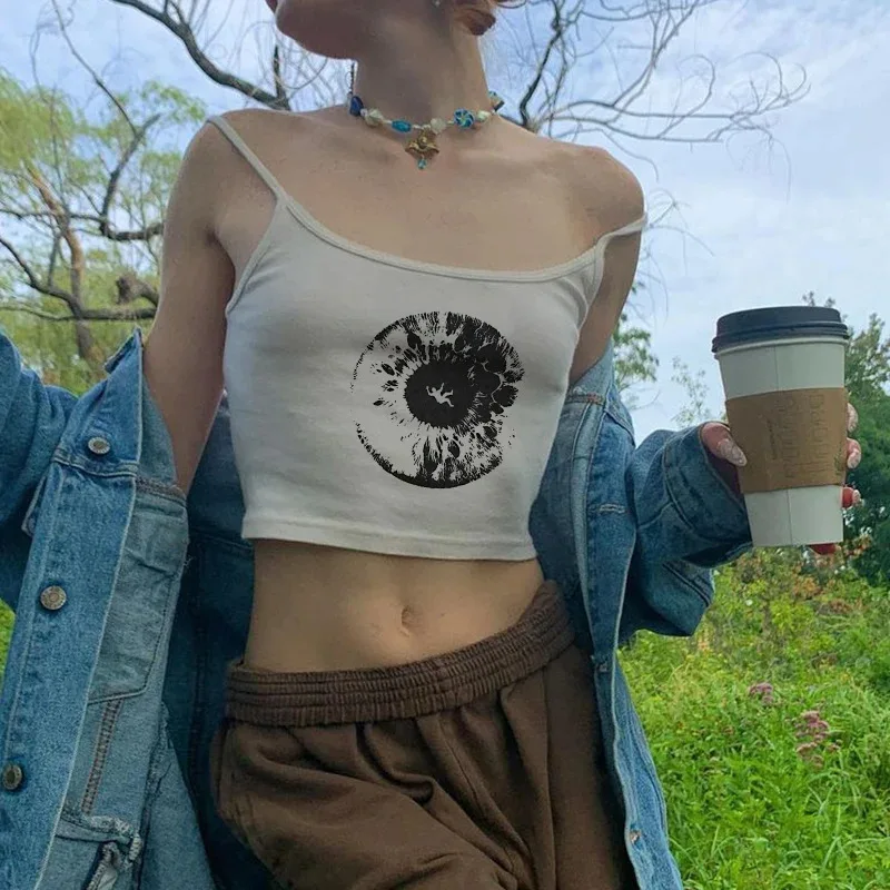 Women Spaghetti Strap Cami Tank Top Gothic Evil Eye Graphic Print Sleeveless Y2K Slim Fit Summer Casual Crop Vest Women Clothes