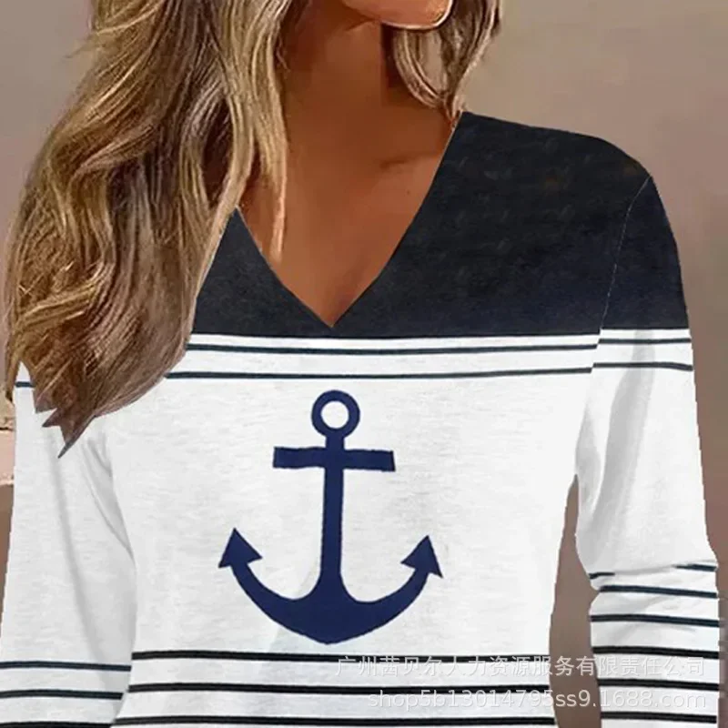 Anchor Print Striped Colorblock V-Neck Long Sleeve Top Women T Shirt Tee Fashion Casual Summer Spring