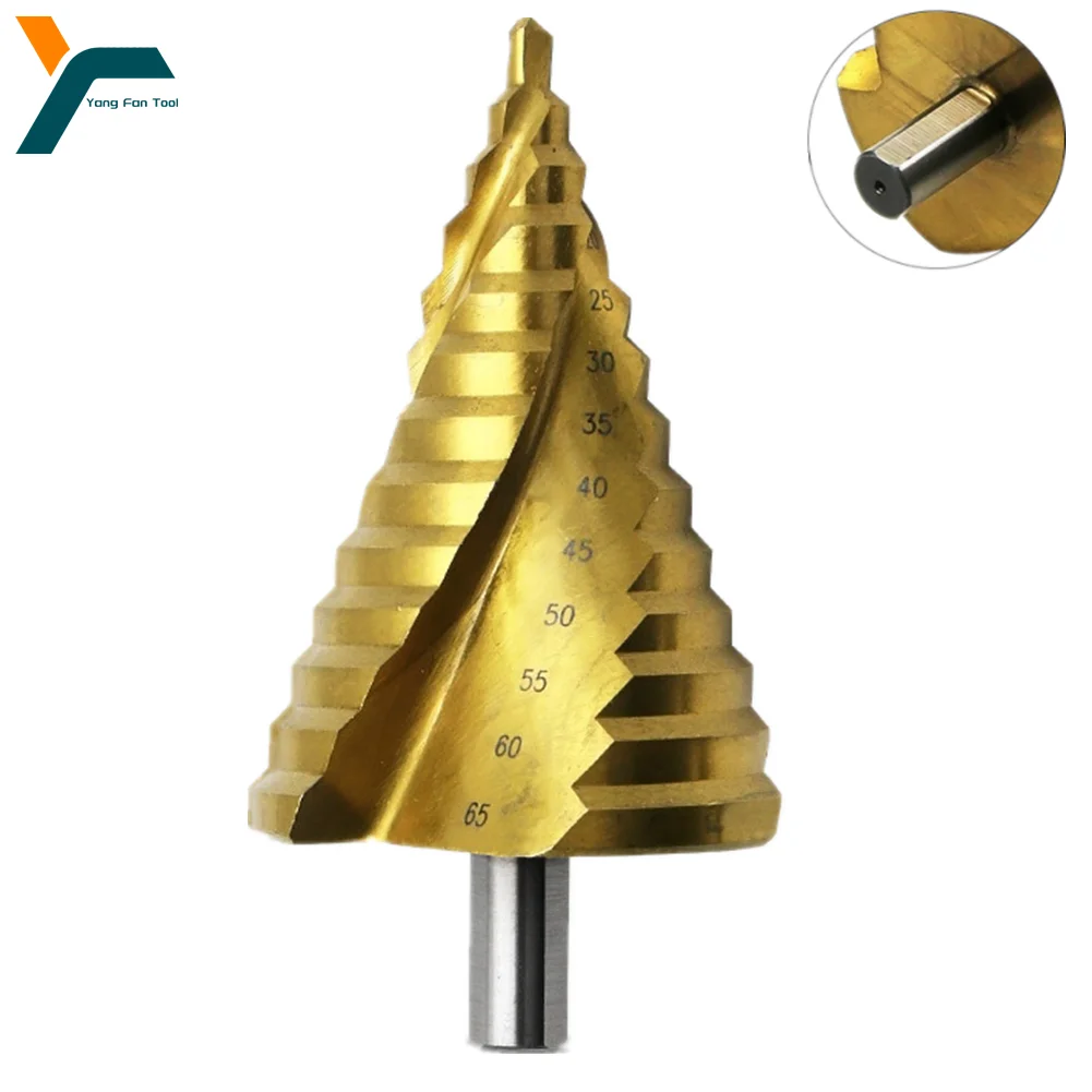 

6-65mm Step Drill Bit Spiral Groove Pagoda Hole Cutter Metal Cone Drill Bit Triangular Shank Hole Opener Titanium Coated HSS