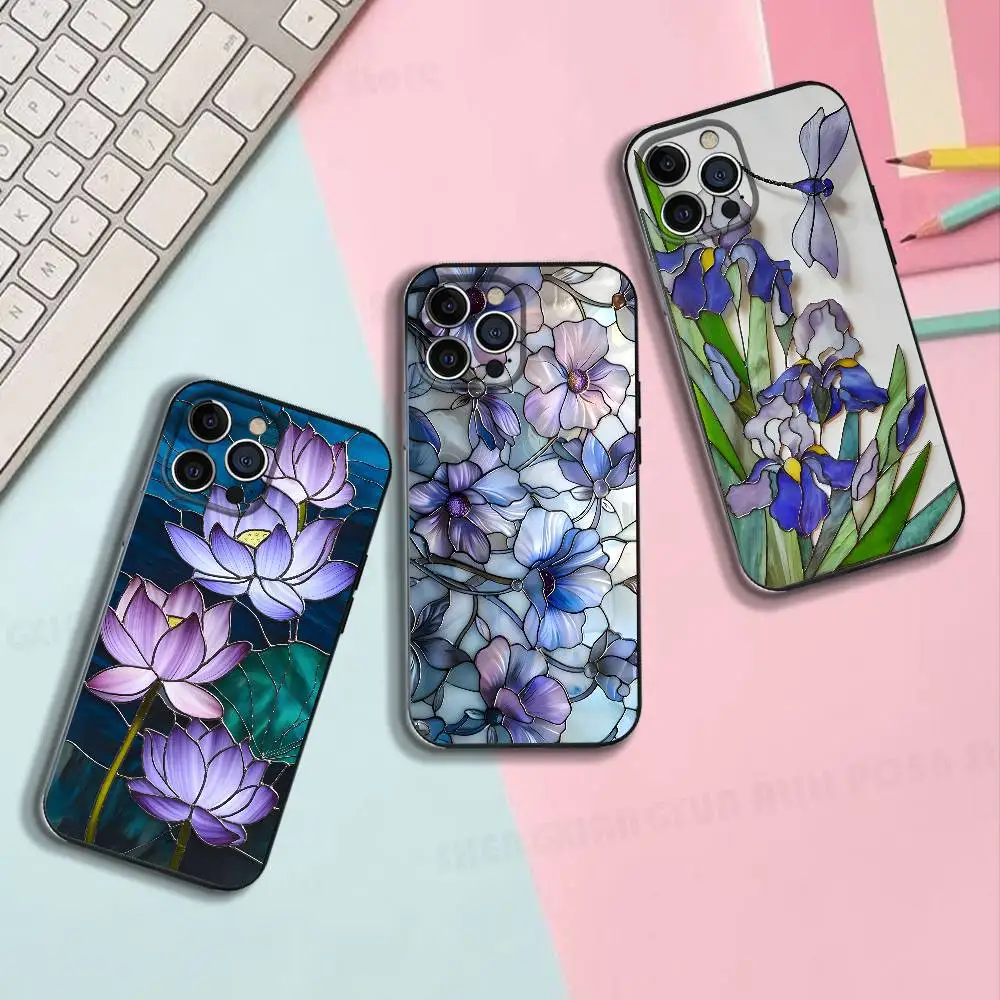 

Glass Flower Black Matte Phone Case For IPhone 17,16,15,14,13,12,13,12 Pro Max Plus XS Silicone Soft Back Cover