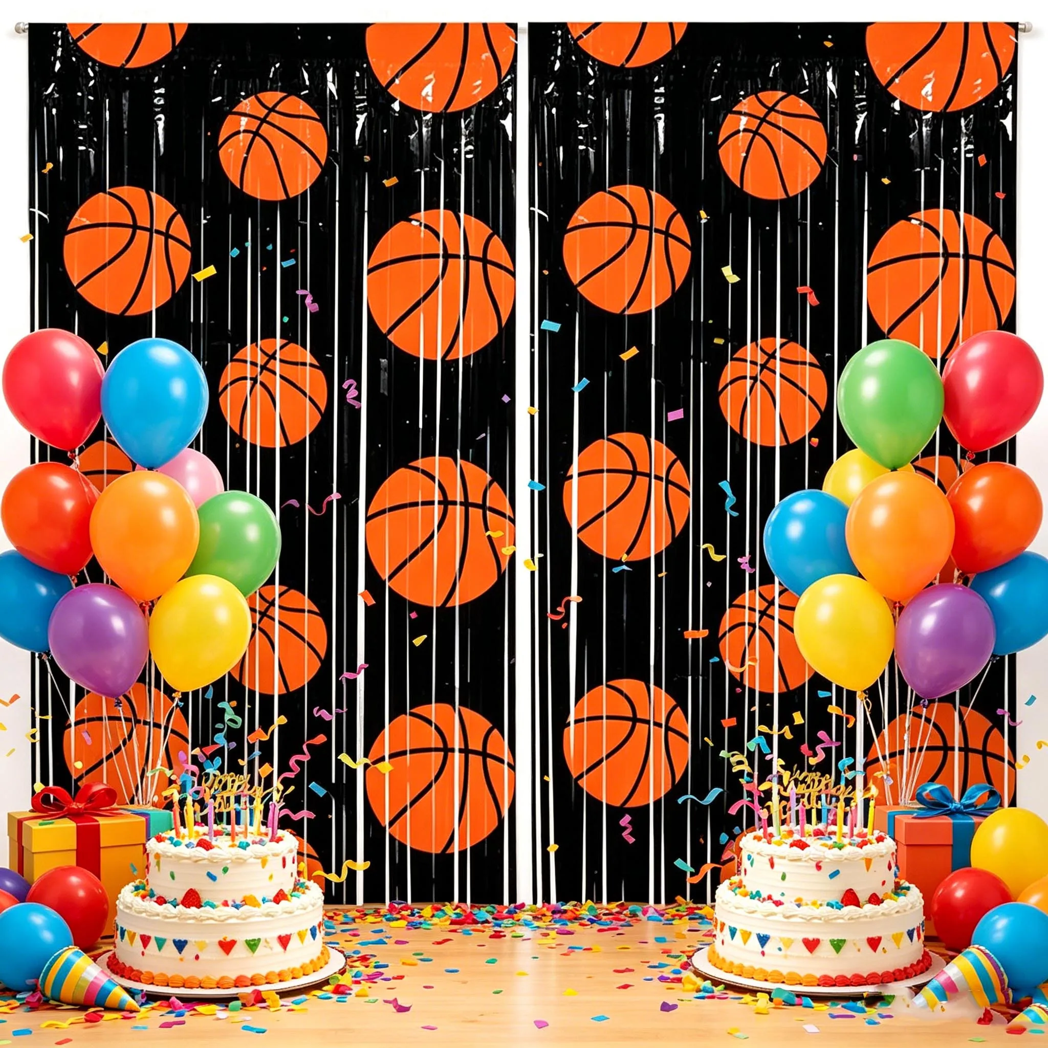 Basketball Party Supplies Paper Plates Cups Snack Bowl Tray Popcorn Boxes 1×2m Rain Silk Curtain Basketball Birthday Party Decor