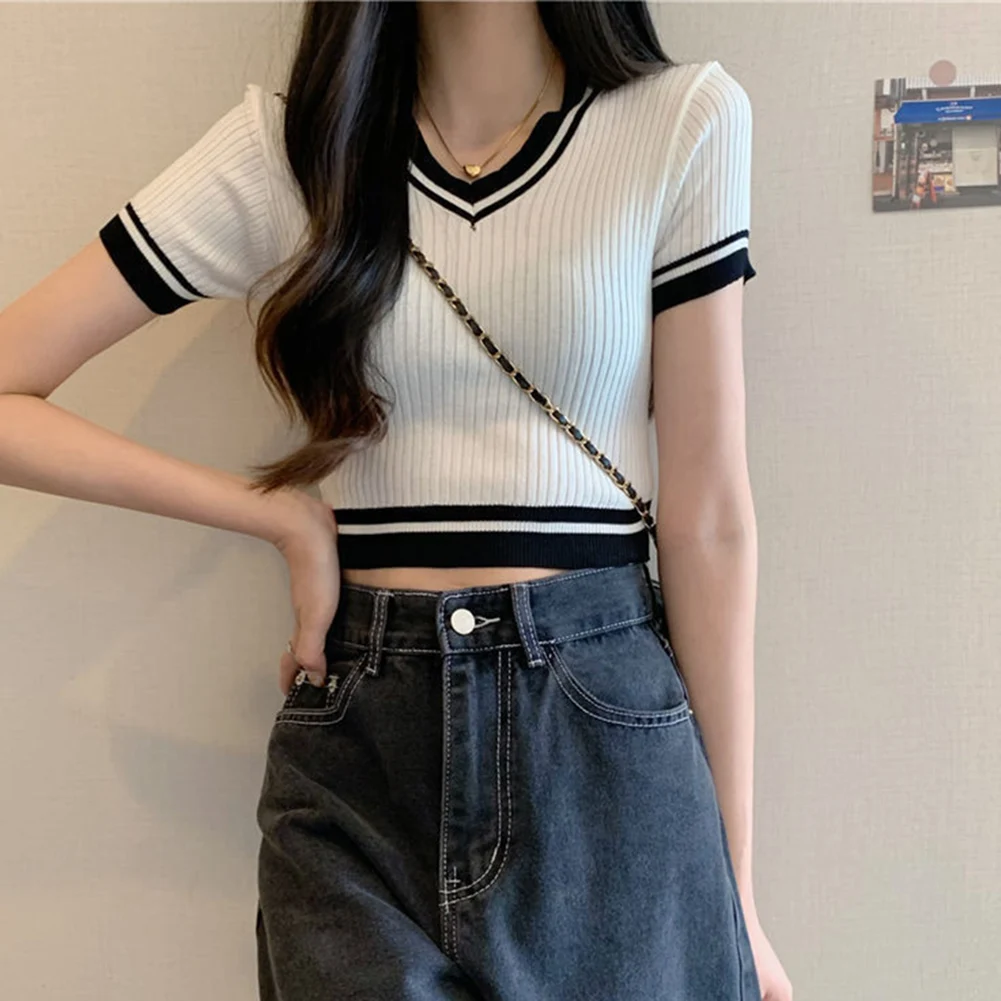 

Patchwork V Neck Knit Crop Top and High Waisted Pants Set Women Short Sleeve T Shirt for Spring Summer Outings