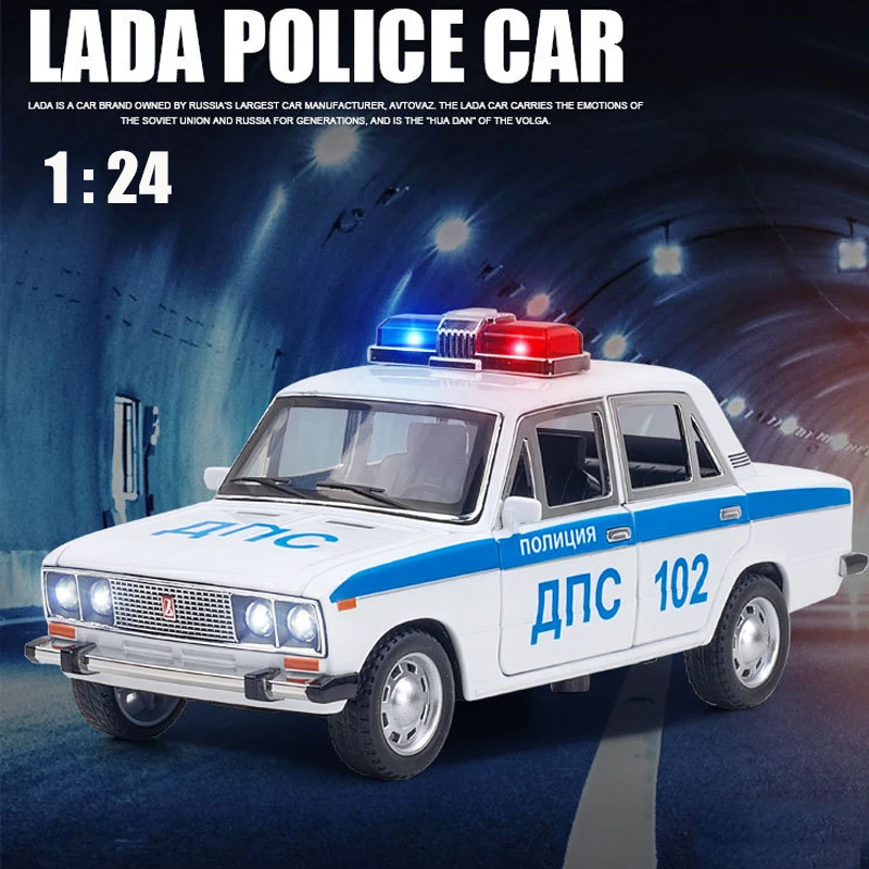 

1:24 LADA 2106 Police Alloy Car Model Pull Back Light Sound Muisc Effect Diecast Car Toys for Kids Metal Vehicle Car Collection