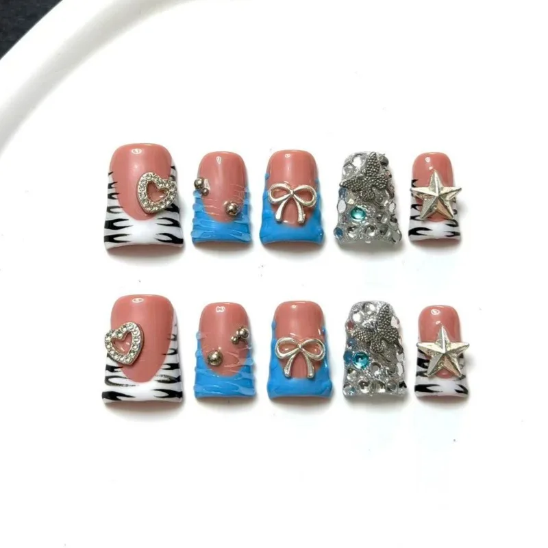 

10PCS Sweet Cool Blue Duckbill Handmade Press on Nails Zebra Print Patterns French with 3D Star Heart Butterfly Decor Fake Nails