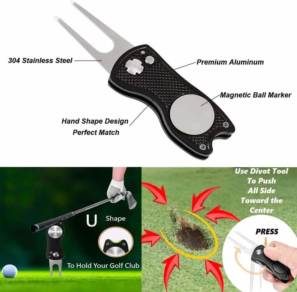 2 Pc Foldable Golf Divot Repair Tools with Magnetic Ball Marker Pop-up Button Stainless Steel Switchblade