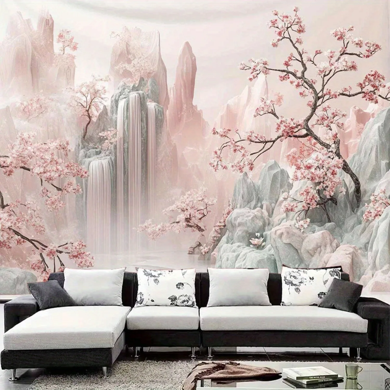 Cherry Blossom Waterfall Tapestry -Dacron Wall Art for Living Room, Bedroom, Home Office Decor - No Power Needed, Party, Classic