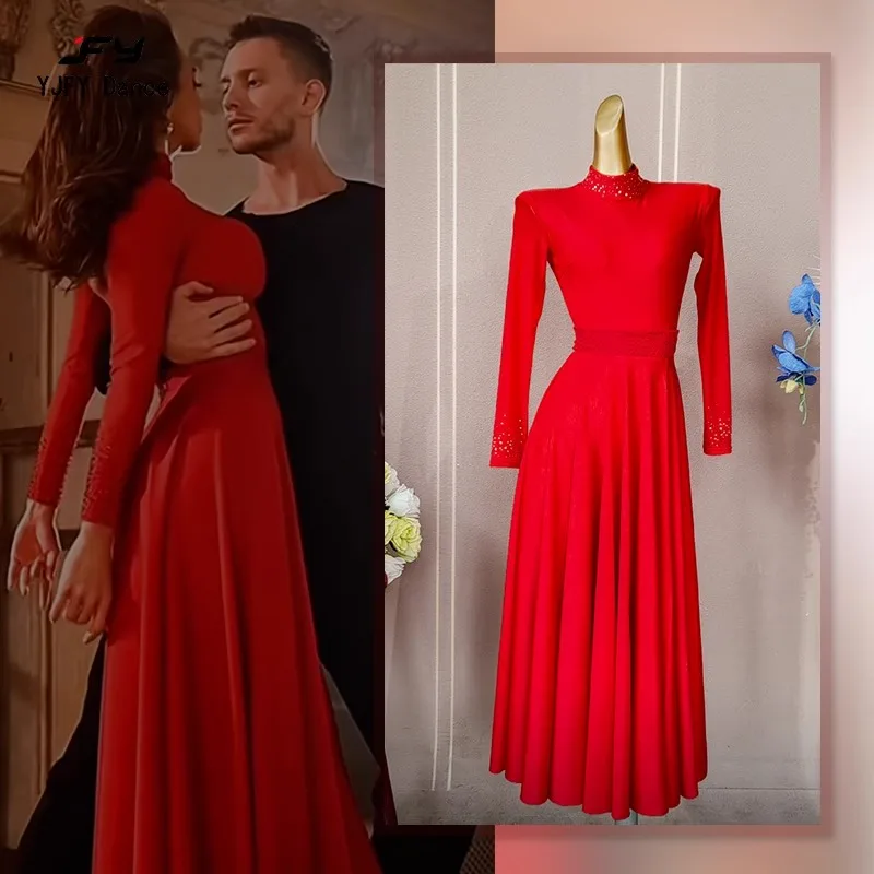 

Платье для современного танца, профессиональное платье для социальных танцев, с длинным рукавом и высоким воротником, широкая юбка, тренировочное платье для женщин, костюм для вальса, лисы, танго