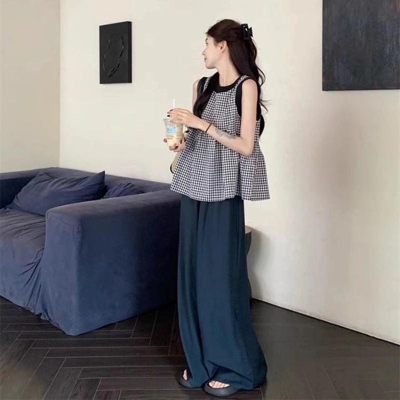 Sleeveless Plaid Loose Korean Blouse Summer New Sweet O-neck All-match Contrast Trend Shirt Tops Fashion Vintage Women Clothing