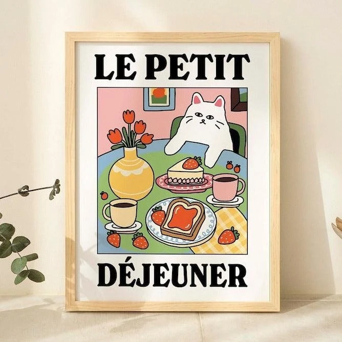 Le Petit Dejeune Cartoon Weiße Katze Wand Kunstdrucke Leinwand Malerei Poster Bild Für Wohnzimmer Kinderzimmer Home Decor Geschenk