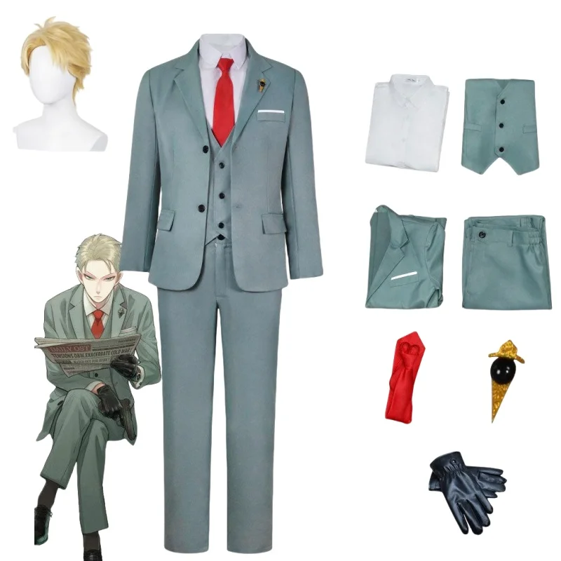 

Anime Spy X Family Loid Forger Cosplay Costume Light Green Suit Blond Wig Hat Twilight Outfit Shirt Tie Men Clothes Halloween