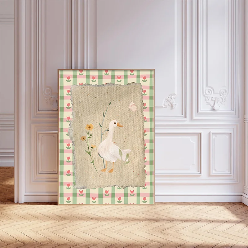 Cute White Duck Watercolor  Poster Vintage Torn Plaid Background Print Soft Pastel Farm Animal Wall Art Nursery Bedroom Decor