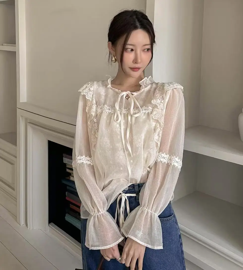 

Осенне-весенняя коллекция 2026: Корейская шифоновая блузка с длинным рукавом на шнуровке, свободного кроя, в милом корейском стиле, женская верхняя одежда (CD5483)