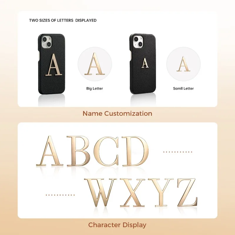 Custom Name Metal Letter Genuine Leather Phone Case for Iphone 16 15 14 Pro Max 16plus Simple Design Protector Cover