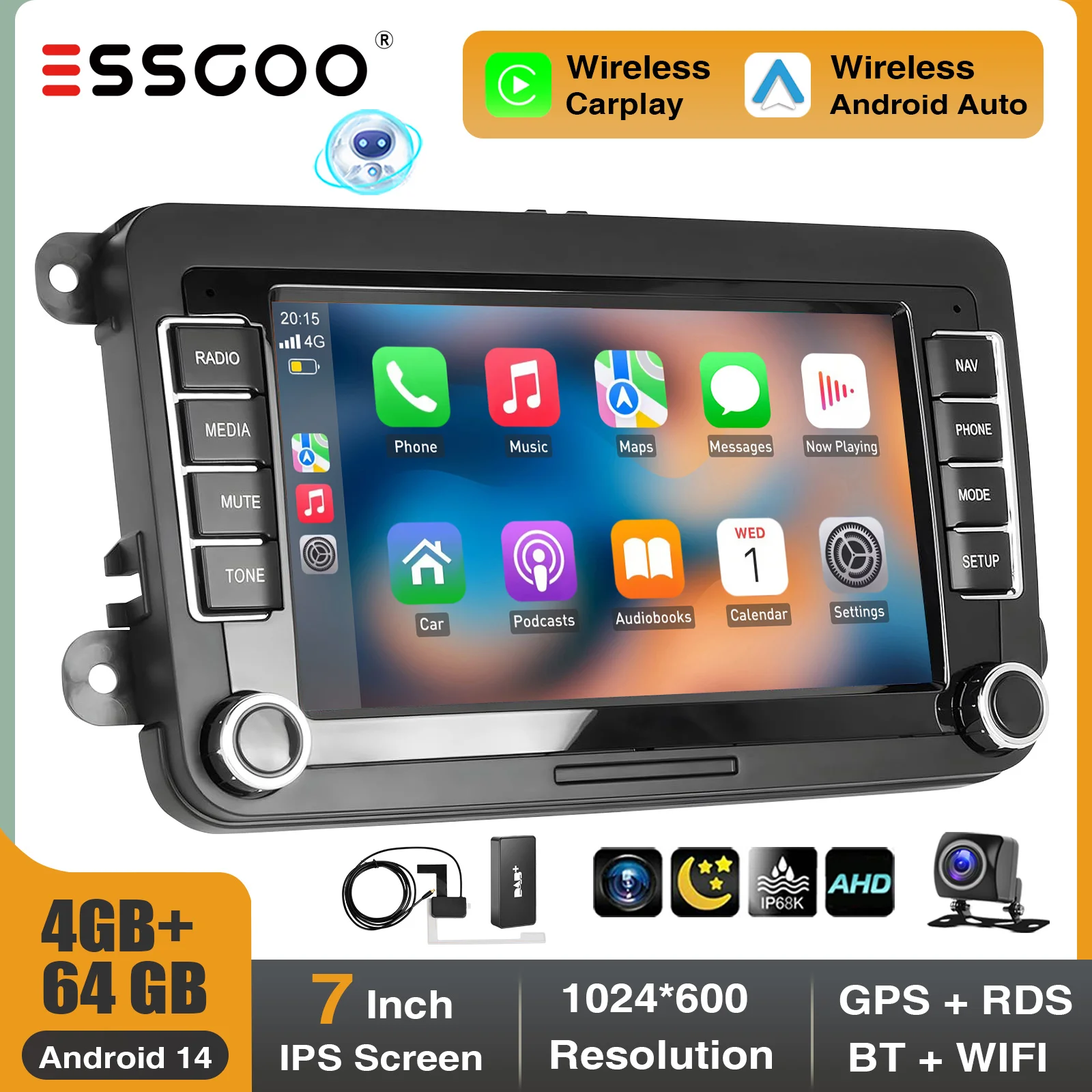 7 "Wireless Carplay Android 14 Für VW GOLF MK5 MK6 Passat Tiguan Touran Polo Caddy Auto Stereo Radio GPS Nav FM RDS BT Wifi SWC