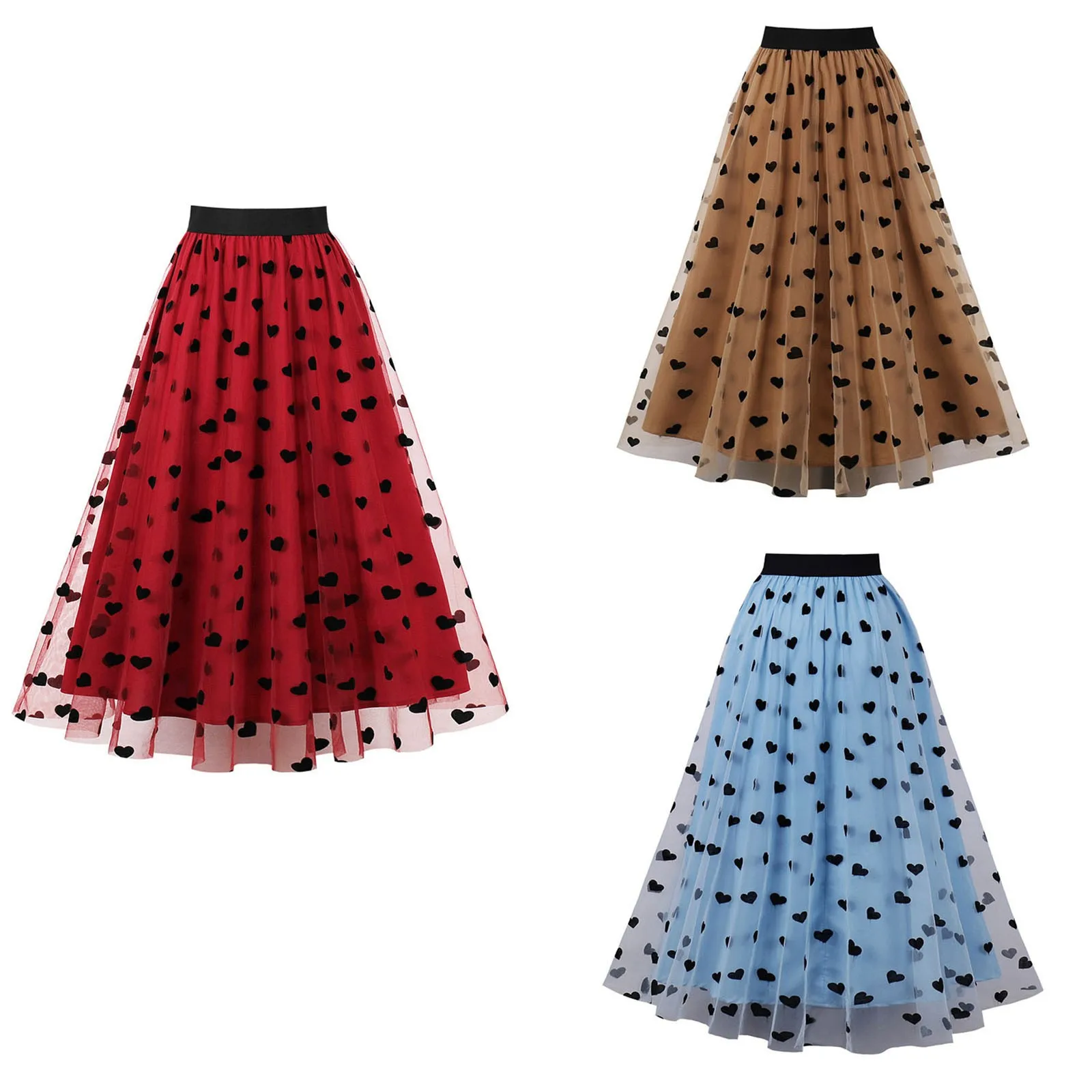 

Elegant Mid-length Versatile Elastic High-waist Slim Fit Flocking Floral Mesh Gauze Skirts For Women 2024 Big Swing A-Line Skirt