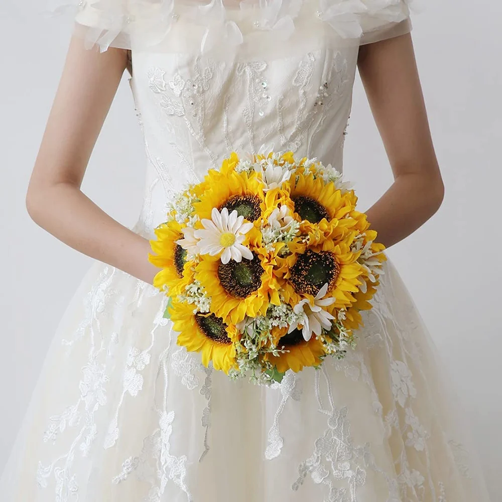 【ラストチャンス！】人工ひまわりブライダルウェディングブーケロマンチックな手作りの持ち花、造花告白パーティー教会