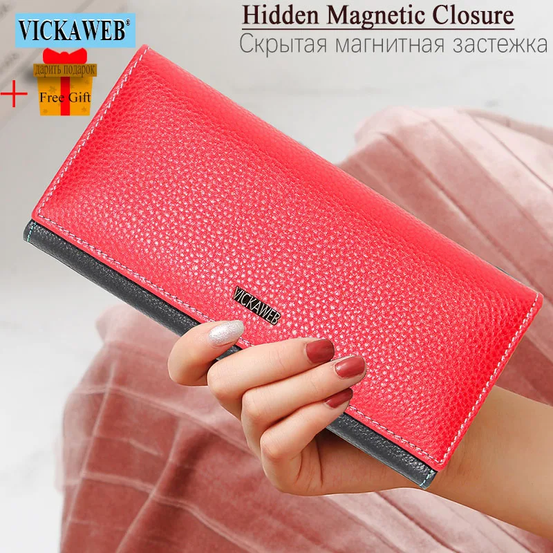 Free Gift New Women Long Magnetic Genuine Leather Wallet Female Fashion Hasp Purse Ladies Patchwork Money Bag For Card Holder