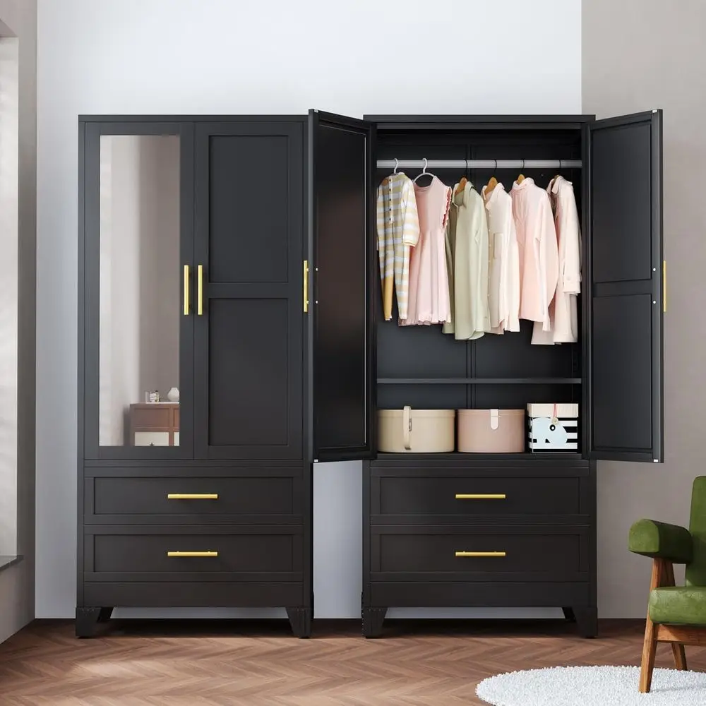

71 High Metal Wardrobe with Mirror, Adjustable Shelves, Clothes Drying Pole, Black Steel Cabinet for Bedroom (2 Doors)