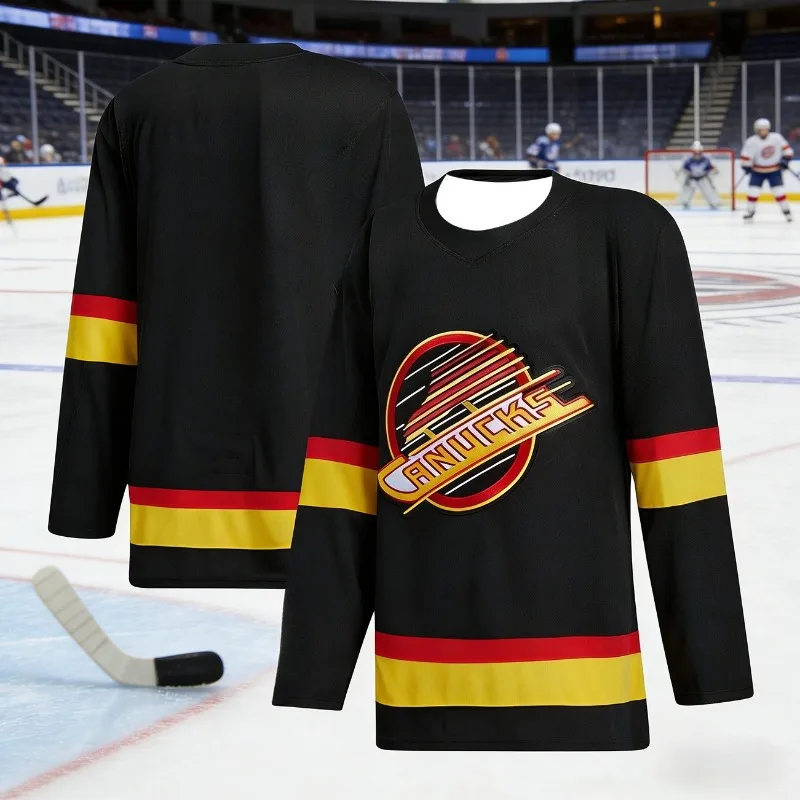 Camiseta de hockey sobre hielo de los Vancouver Canucks para hombre, camiseta de hockey transpirable negra, roja y amarilla, uniforme deportivo de hockey de manga larga