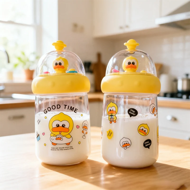 Cute Yellow Duck Portable Water Bottle – Kawaii Student Cup with Strap, Ins Style Cartoon Design for Girls & Kids,