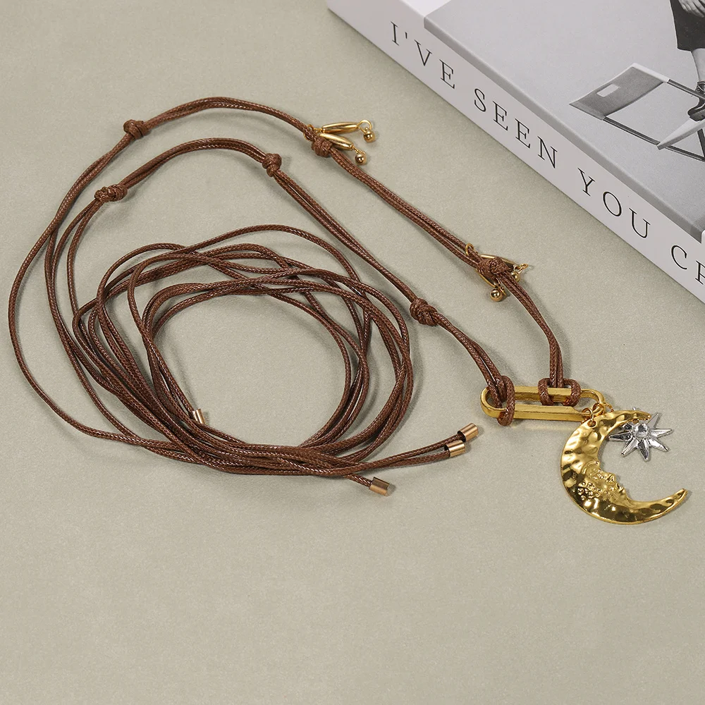 Retro-Boho-Stil, Nischendesign, modische Halbmond-Stern-Wachsseil-Halskette, verstellbare Accessoires für Damen, Schmuckgeschenke – Detail 2