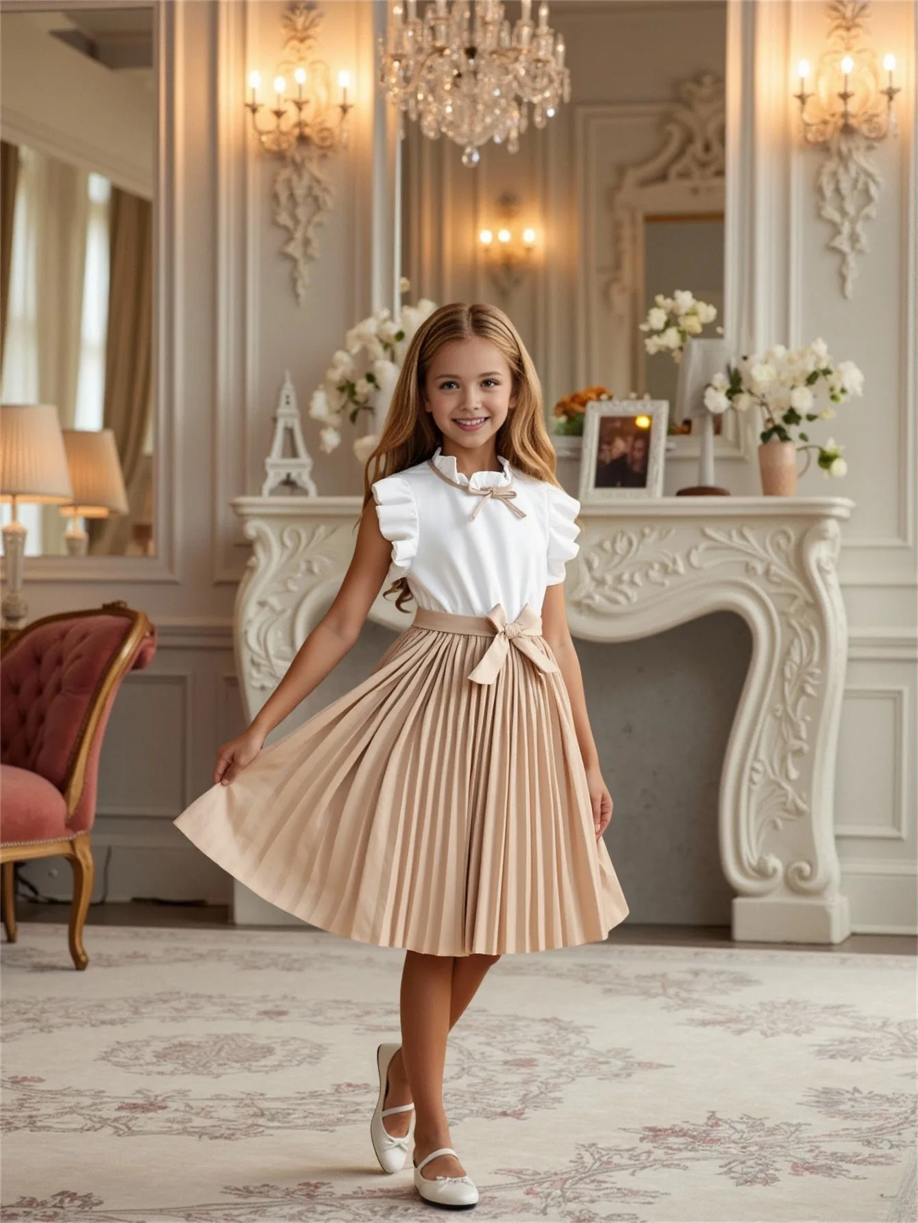 Süßes und elegantes Kleid mit Spitzenkragen und fließenden Ärmeln für Mädchen im Alter von 4 bis 13 Jahren, mit plissiertem Rock und Gürtel, ideal für den Sommer. – Detail 3