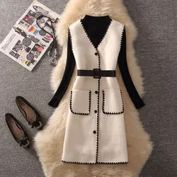 New Women's Dress Set Spring Autumn Knitting Tops+ Plaid Strap Dress Two Piece Suit Ladies Elegant Belt Sweater Dresses Suit 792