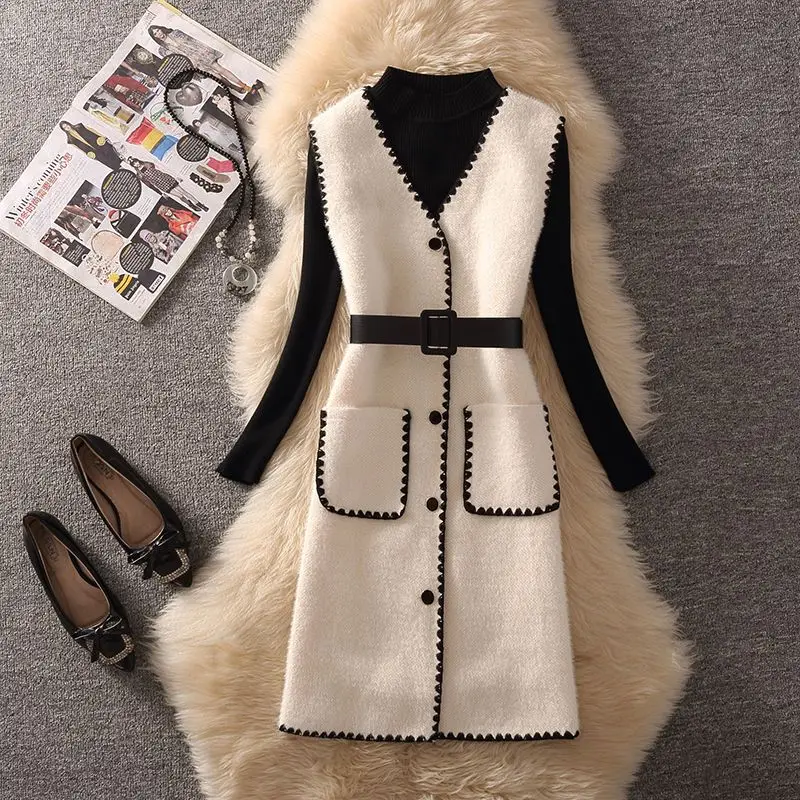 New Women's Dress Set Spring Autumn Knitting Tops+ Strap Wool Dress Two Piece Suit Ladies Elegant Belt Sweater Dresses Suit 792