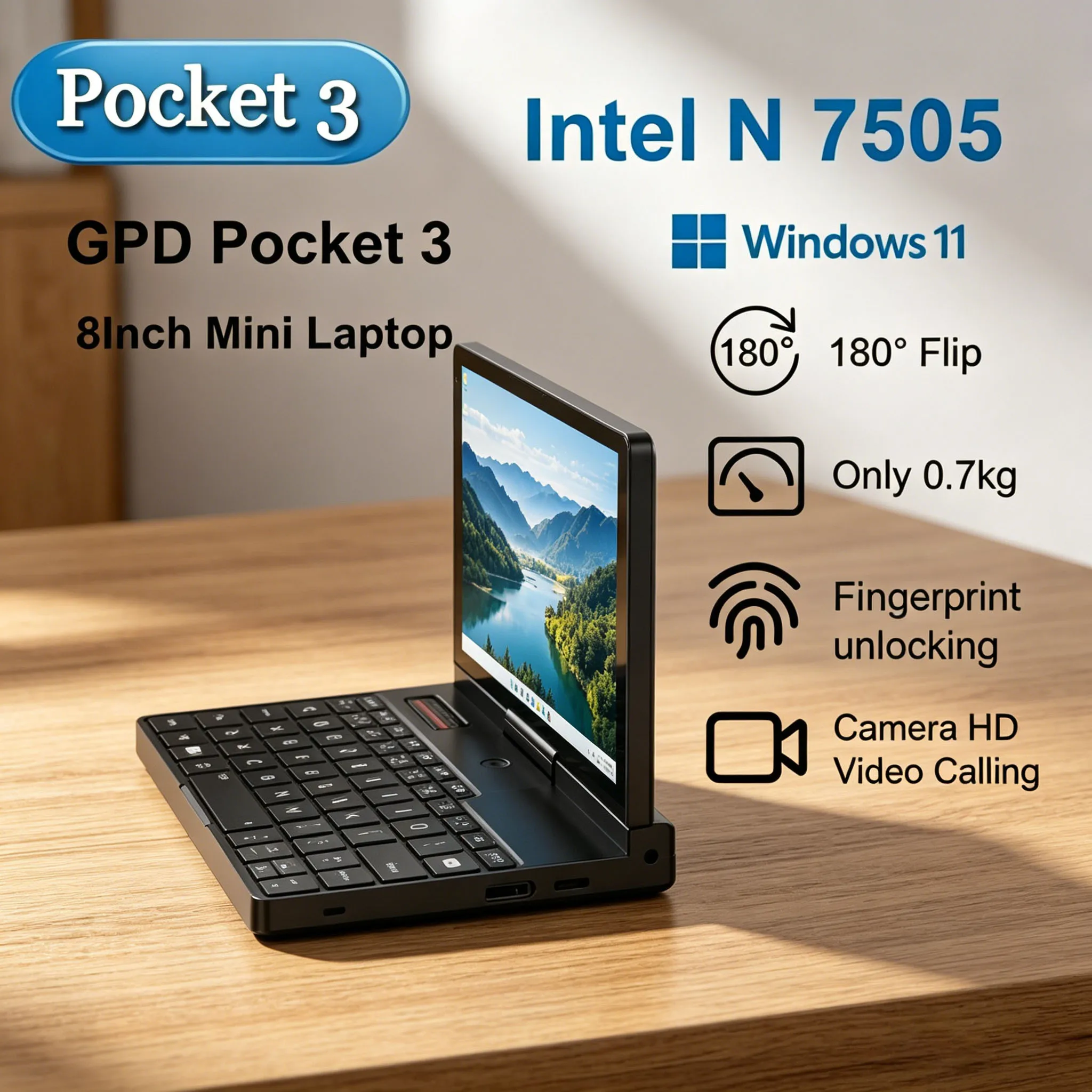 Mini Laptop Storm Dynamic GPD Pocket 3 de 8 Pulgadas, Intel Gold 7505, Notebook con 16GB, 512GB SSD Modular, Dispositivo Portátil con Todas las Funciones, Windows 11