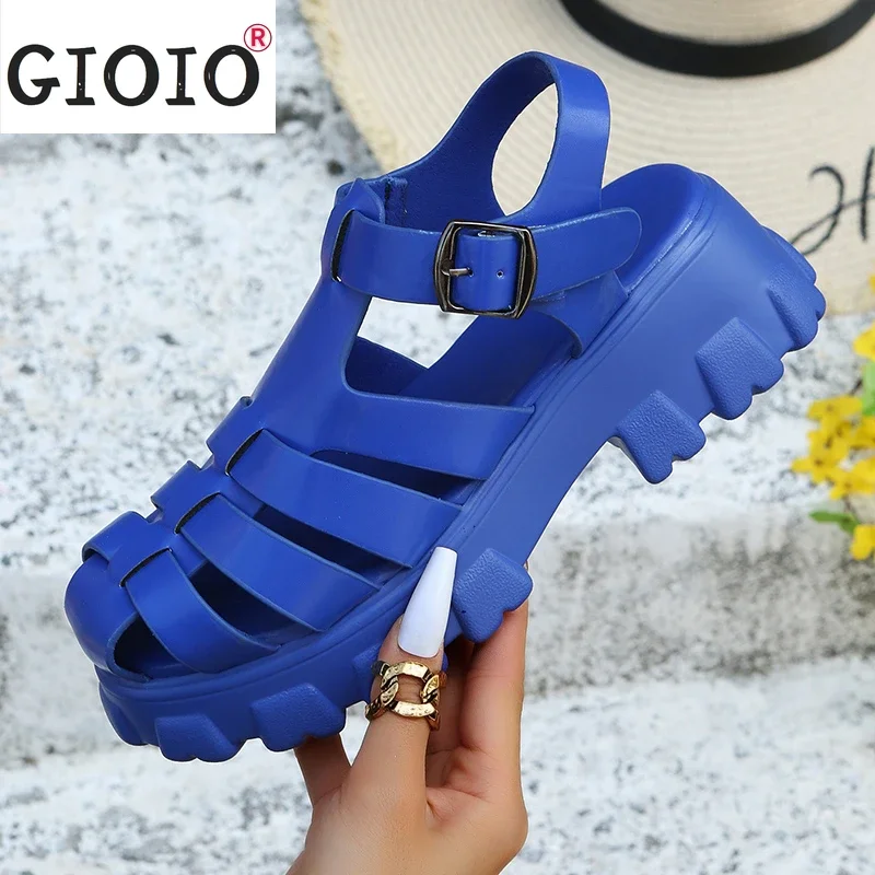 2024 Summer New Sandals Women Platform Height Increasing Round Toe Sandals Female Beach Shoes Buckle Strap Women\'s Shoes