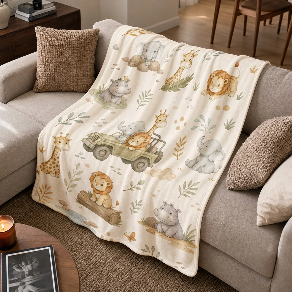 Whimsical Safari Animal Throw Blanket Jungle Giraffe Elephant Lion Kids Nursery Decor Cozy Plush Sofa Throw for Baby Girl Boy Ho