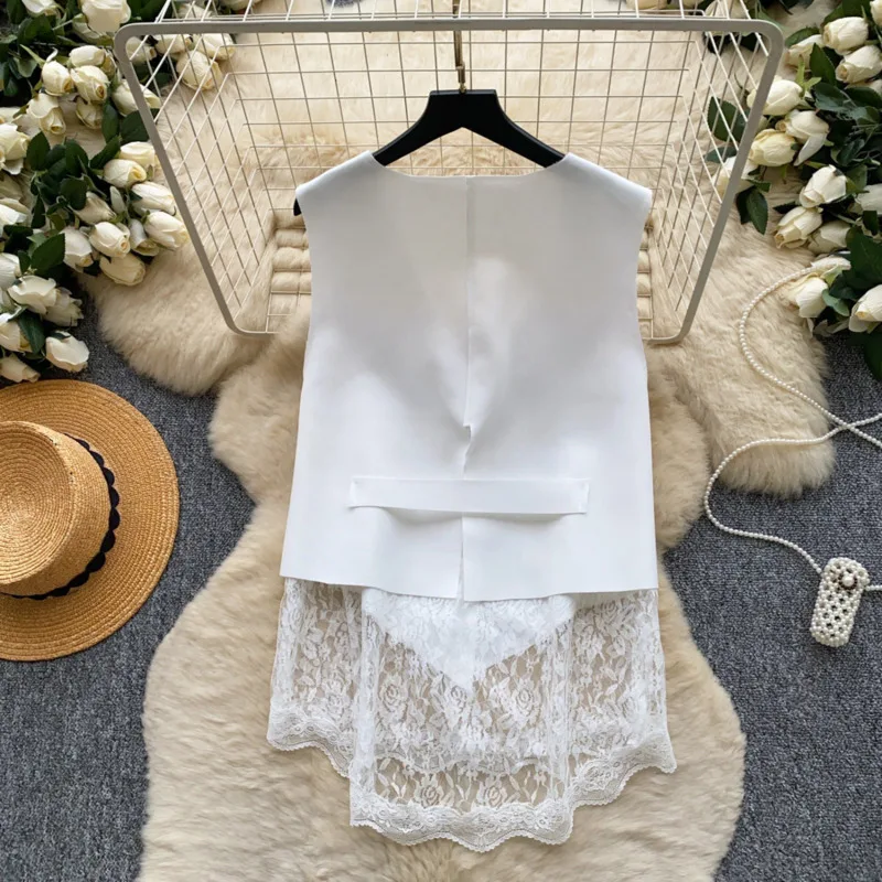 ANJY Spring Summer New Women Fashion Lace Patchwork Design V-Neck Sleeveless Vest Elegant Slim Fit Niche Trendy Waistcoat A23935