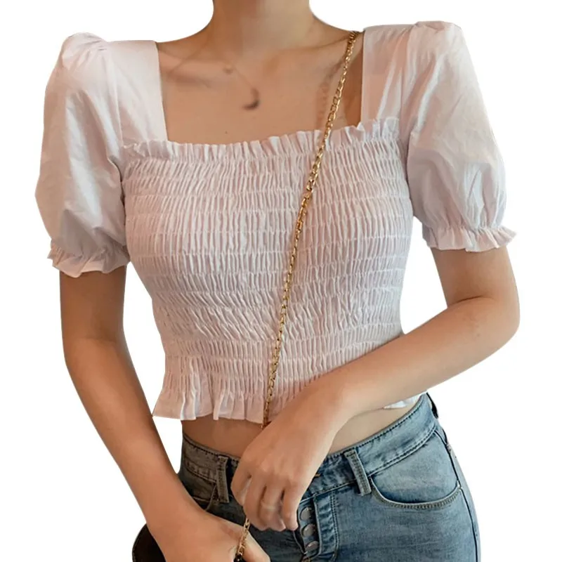 Summer Women\'s Blouses Solid Color Square Collar Sexy Sweet Exposed Navel Short Sleeve Shirt