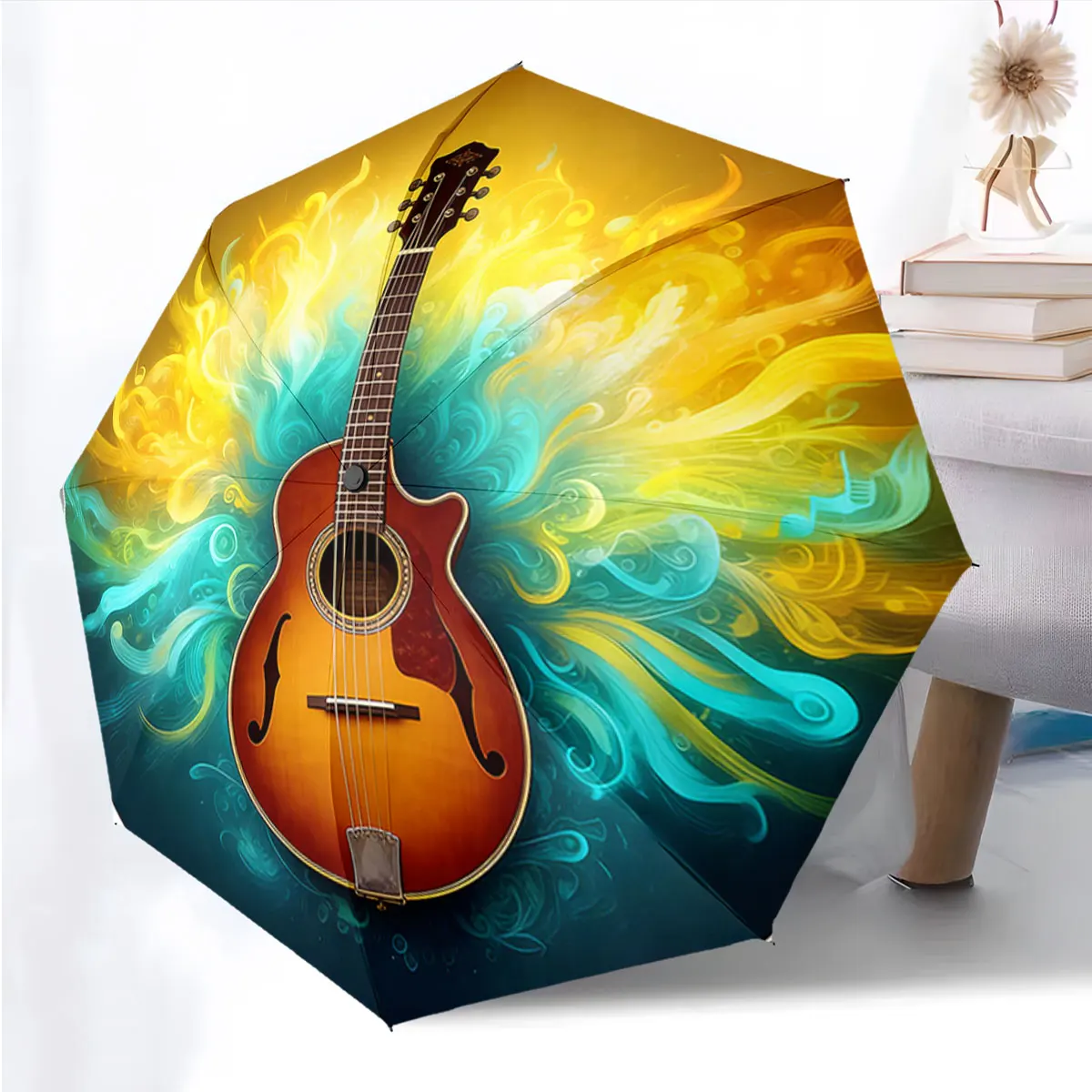 1PC Guitar Music on Vibrant Artistic Umbrella Print 8 Iron Ribs Folding Umbrella Auto-Open Fashion Sunshade