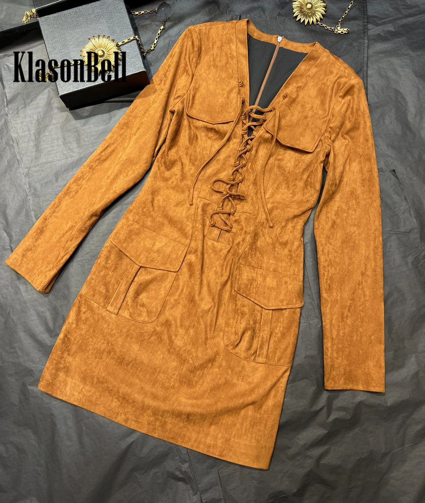 9.30 Klason Bell Women\'s Fashion Suede Fabric Long Sleeve Dress Criss-Cross Drawstring Lace-up Multiple Pocket Slim Mini Dress