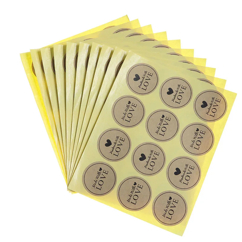 120pcs/10 Sheets Kraft Paper Seal Sticker Retro Round Label Hand Made With Love Sticker Baking Gift Box Decorative Seal