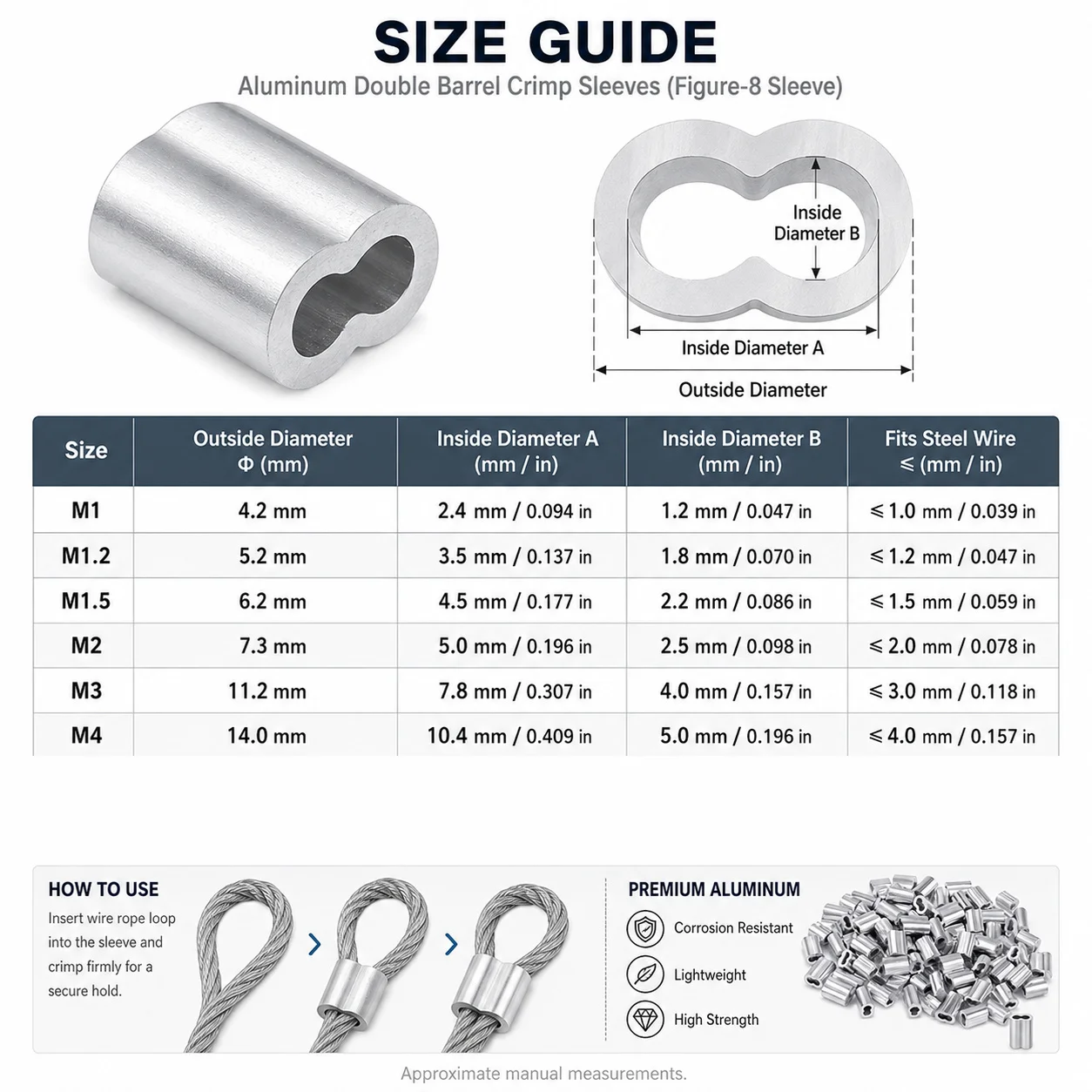 Aluminum Crimping Ring Sleeve Cable Crimping, Steel Wire Rope End Fixing Clamp, 8-Shaped Wire Clamp, Rope Lock Wear Metal Tube