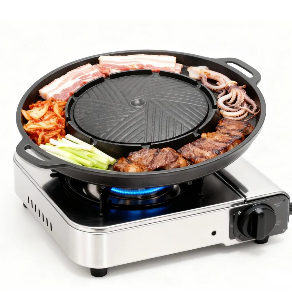 KOSUN Sartén para parrilla de barbacoa coreana 2 en 1, placa redonda para compartir barbacoa, para interiores y exteriores, equipo de acampada portátil, restaurante, 13 pulgadas