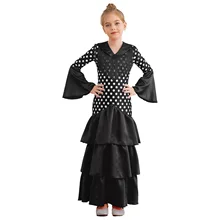 Kids Girls Flamenco Dance Dress V Neck Flared Sleeve Tiered Ruffle Dress Polka Dots Printed Dress Ballroom Performance Dancewear
