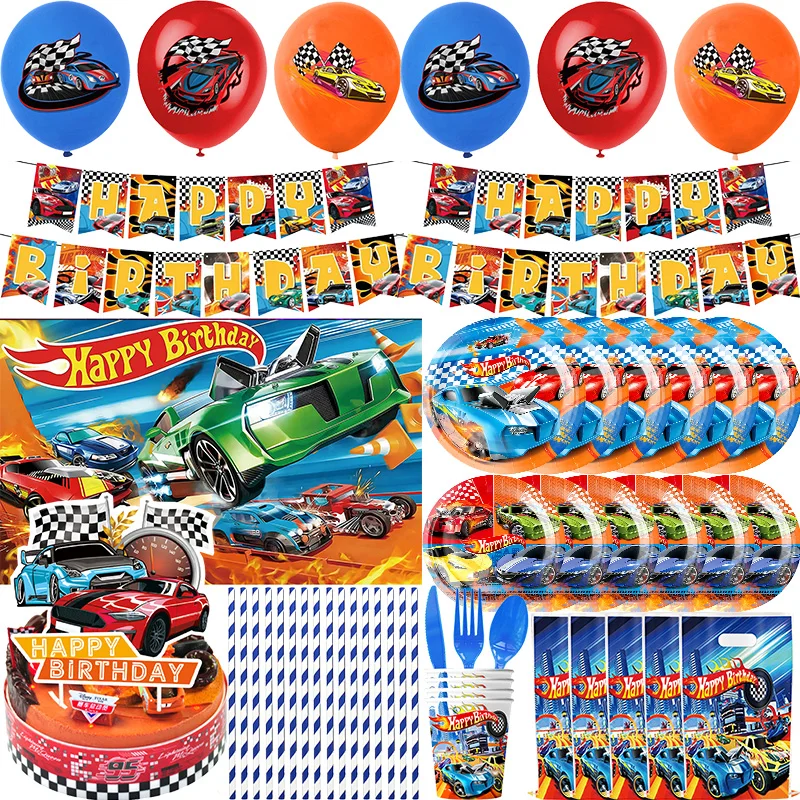 Conjunto de decoración de cumpleaños para niño, suministros para fiesta, ruedas, tema de fiesta de cumpleaños, taza, plato, servilleta, vajilla, pancarta, globo, decoración para niño