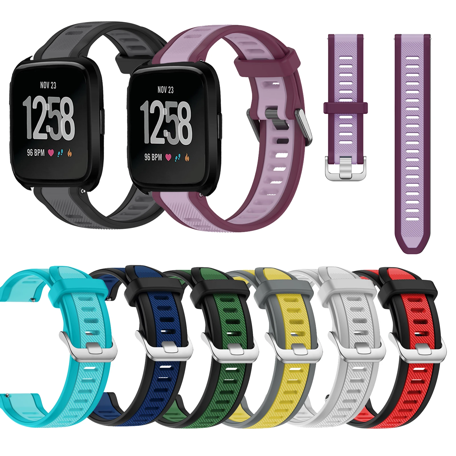 Silikonowy pasek do Fitbit Versa 2 / Versa Lite / Versa 1/ SE, srebrny, wymienny, patchworkowy pasek do smartwatcha.
