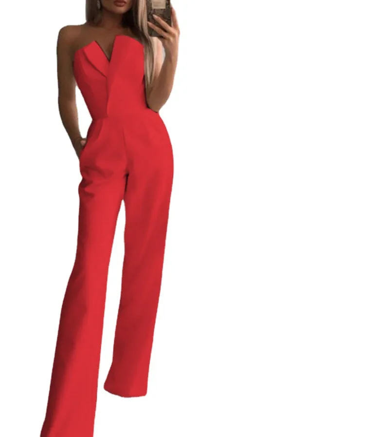 Vrouwen Jumpsuits Een Stuk Slash Hals Mouwloze Rompertjes Overalls Effen Kleur Rechte Broek Zakken Gesplitst High Street Sexy