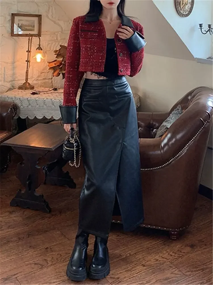 Women's Stretch Faux Leather High Waist Side Slit, Sexy Skirts Ladies Faux Latex Midi Skirt PU Skirt Support Custom
