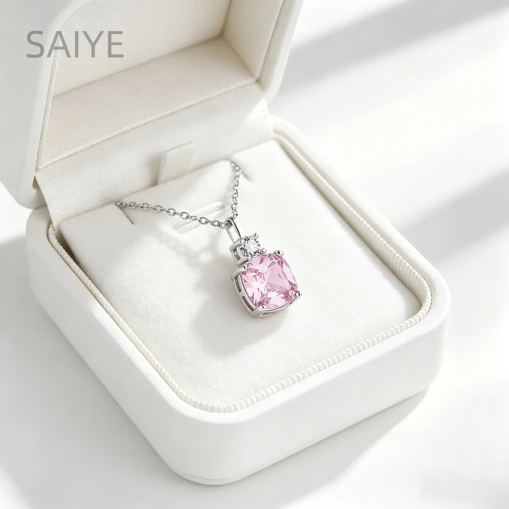 

New Arrival Pink Cubic Zirconia Pendant Necklace 925 Silver Square Cut Chain Necklace for Women Luxury Wedding Jewelry Gift