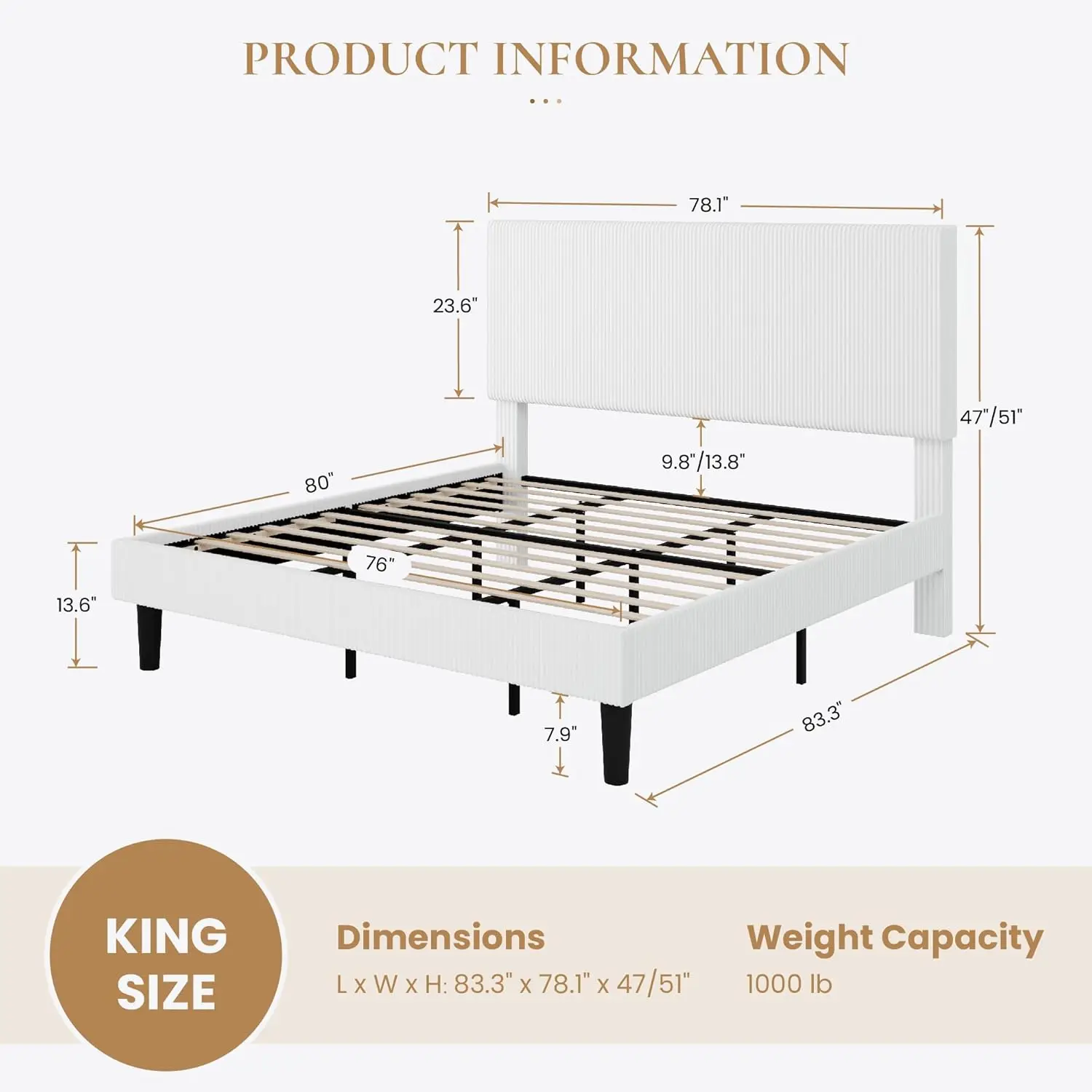 Velvet King Platform Bed Frame Vertical Tufted Headboard Corduroy Wooden Slats No Box Spring Easy Assembly White, Customized view 2