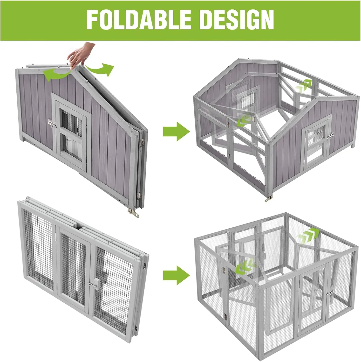 Foldable Chicken Coop Super Easy to Assemble Large Hen House Wooden Poultry Cage with Nesting Box and Run