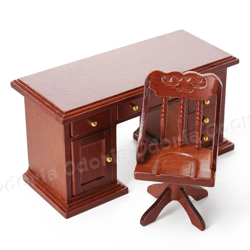 

Odoria 1:12 Miniature Wooden Office Desk and Swivel Chair Set Home Study Room Dollhouse Furniture Accessories Decoration