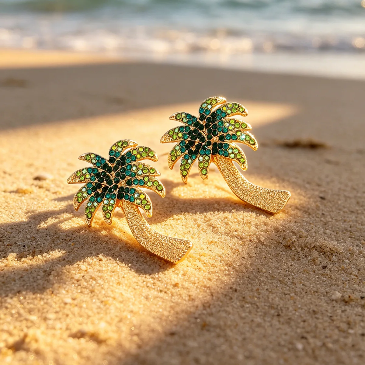Cross-border coconut tree personality summer beach fashion stud earrings, diamond leaf palm leaf exaggerated earrings