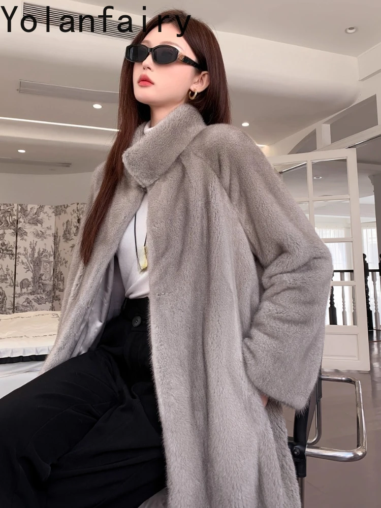 YOLANFAIRY سترات من فرو المنك بالكامل الحقيقي للنساء لشتاء 2025 معطف فرو طبيعي متوسط الطول بياقة واقفة أنيقة Casaco Feminino #5