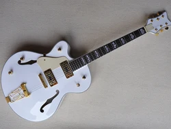 Left Hand White Semi-hollow Electric Guitar 6 Strings with Big Tremolo,Rosewood Fretboard,Cream Pickguard